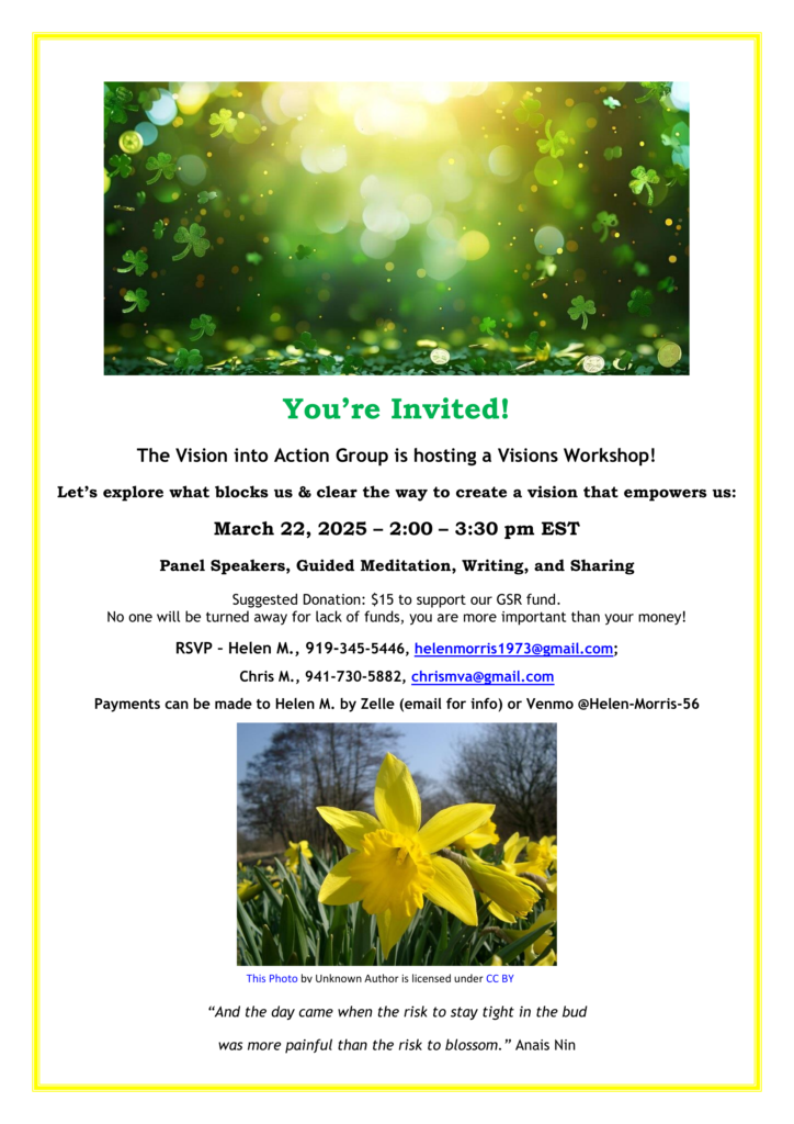 The Vision into Action Group is hosting a Visions Workshop! 